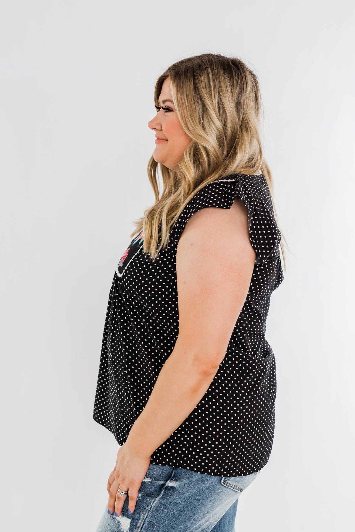 Floral Embroider & Polka Dot Top- Black