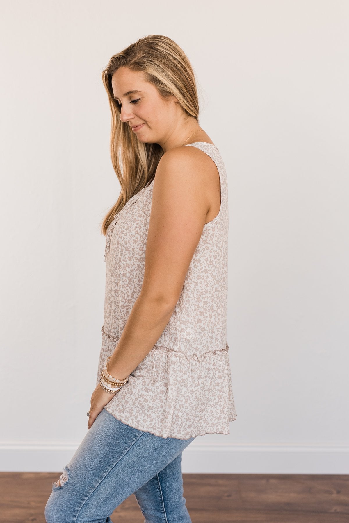 Hope For Tomorrow Floral Tie Tank Top- Light Taupe