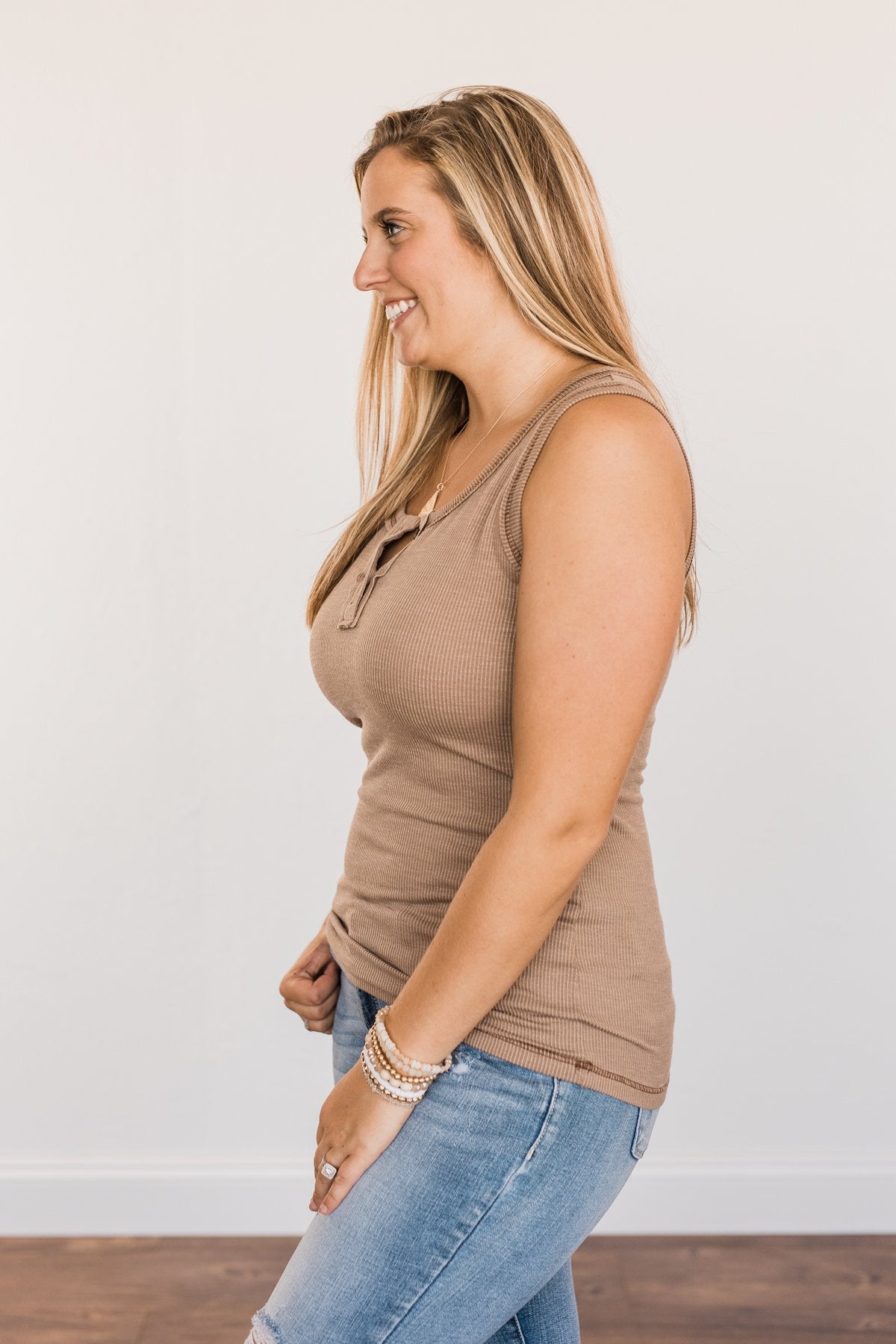 Wishful Thinking Button Henley Tank Top- Mocha