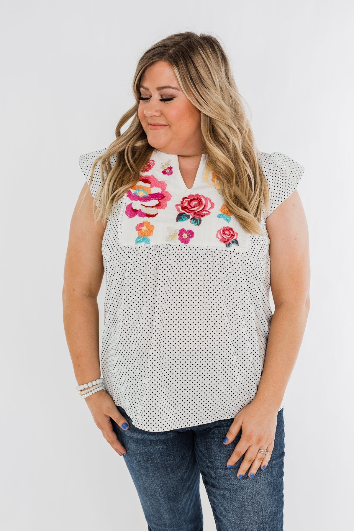 Floral Embroider & Polka Dot Top- Ivory
