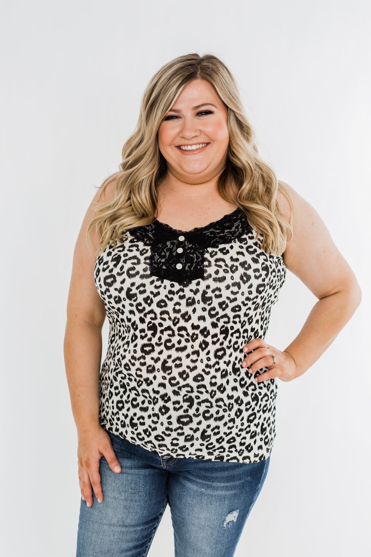 Pulse Basics Lace Trim Button Tank- Ivory Leopard