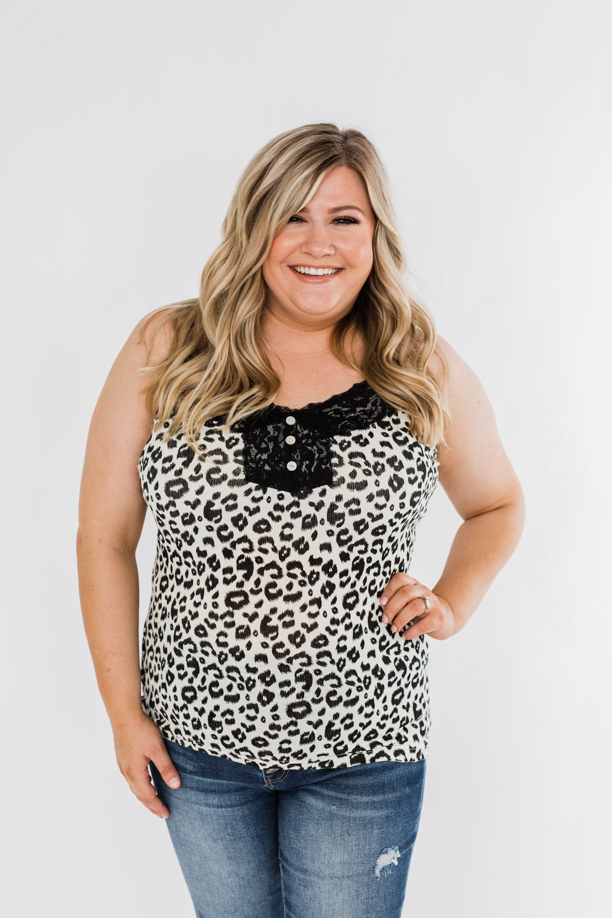 Pulse Basics Lace Trim Button Tank- Ivory Leopard