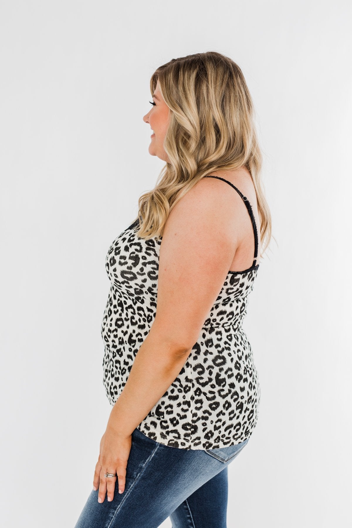 Pulse Basics Lace Trim Button Tank- Ivory Leopard