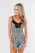 Pulse Basics Lace Trim Button Tank- Ivory Leopard