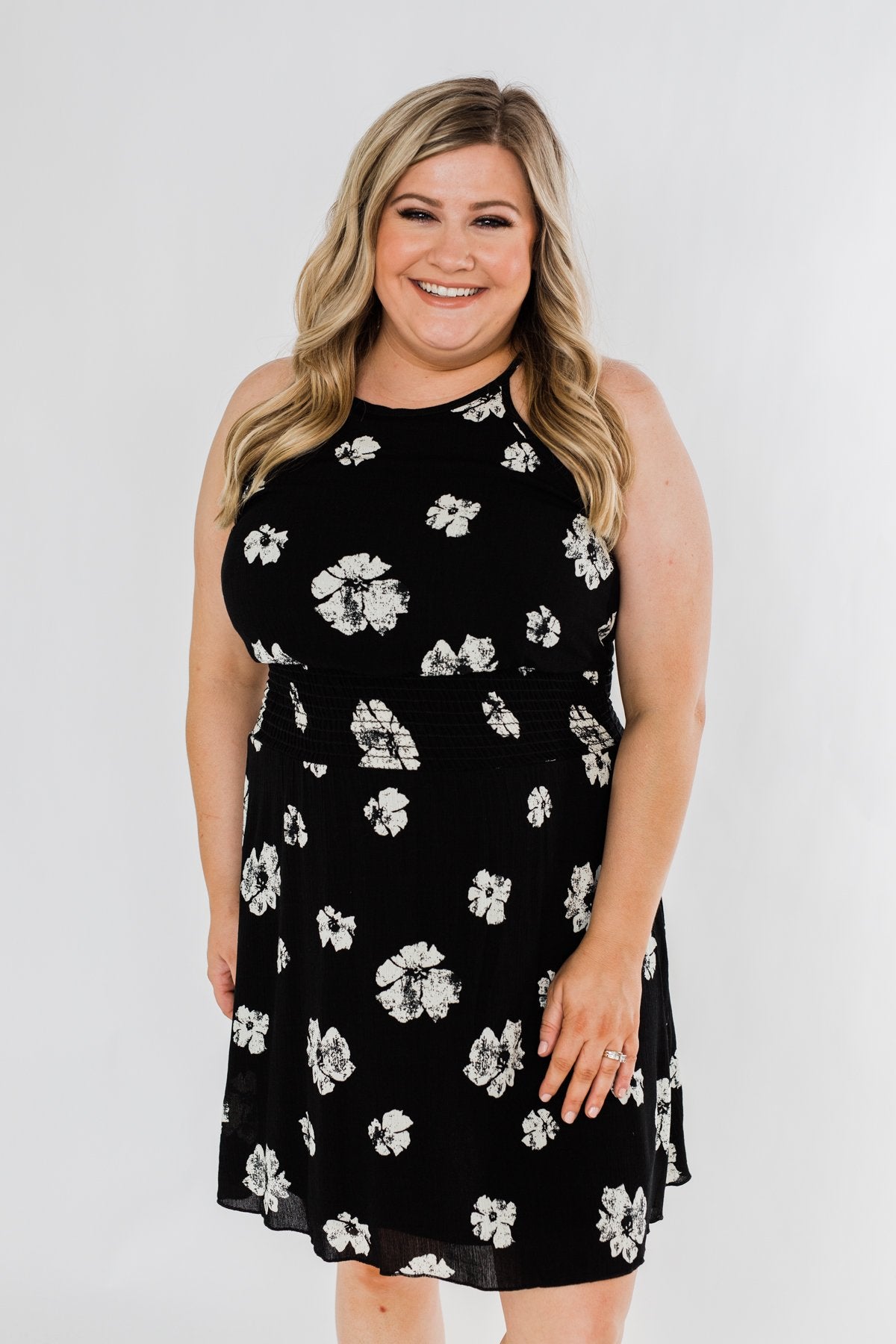 Somewhere On A Beach Floral Halter Dress- Black