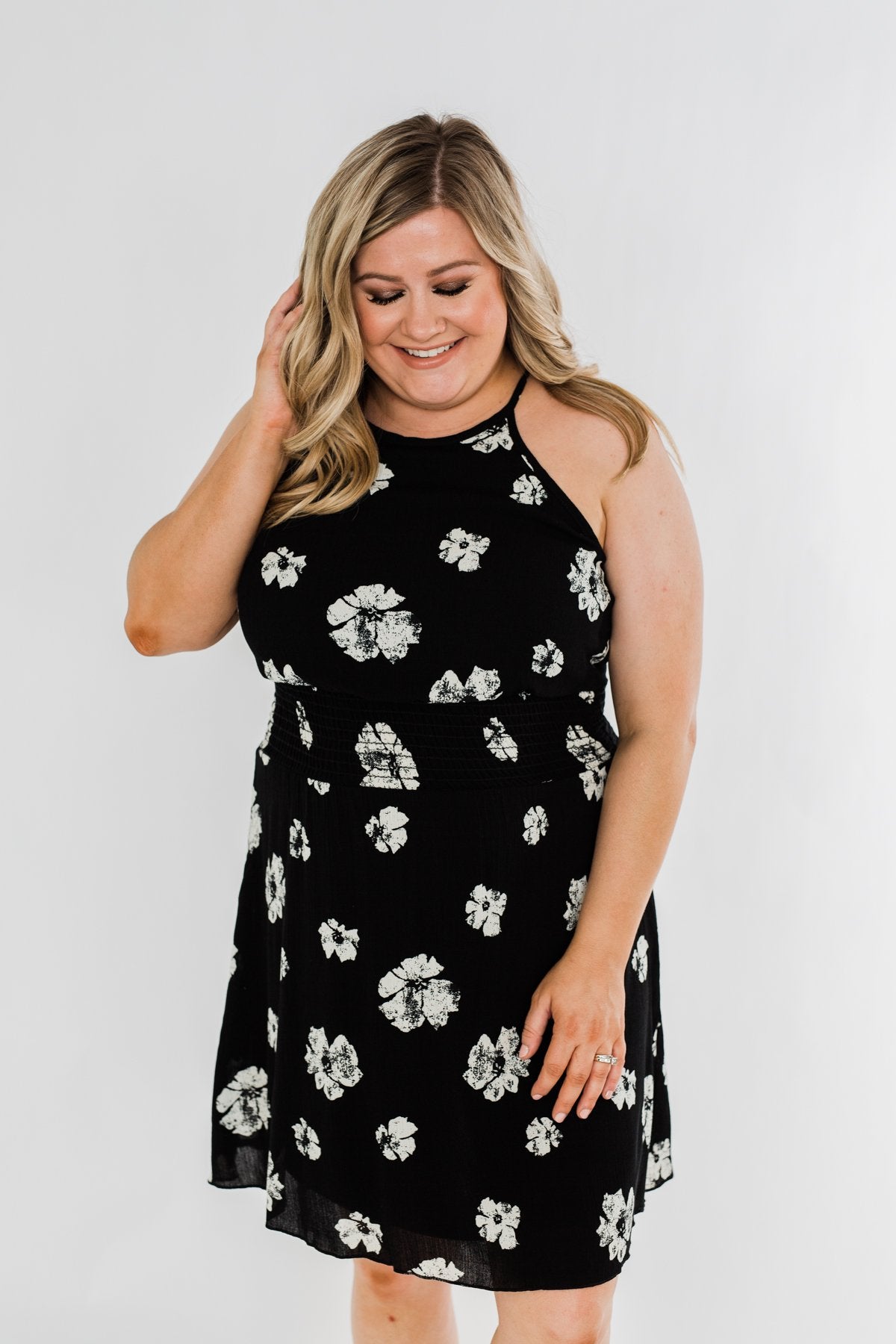 Somewhere On A Beach Floral Halter Dress- Black