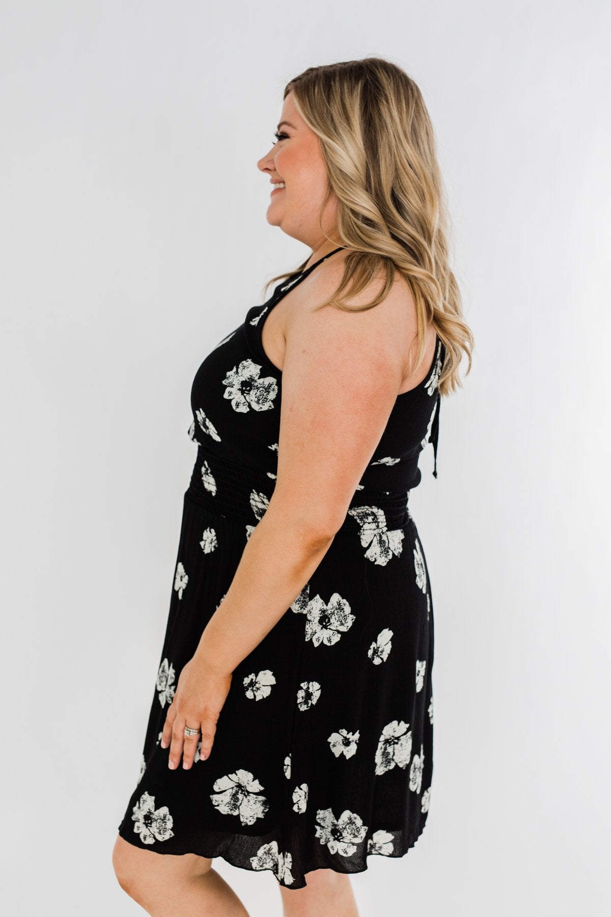 Somewhere On A Beach Floral Halter Dress- Black