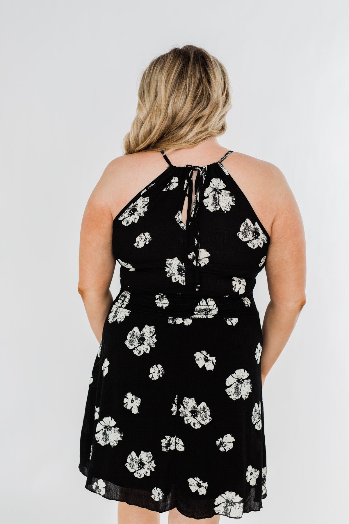 Somewhere On A Beach Floral Halter Dress- Black