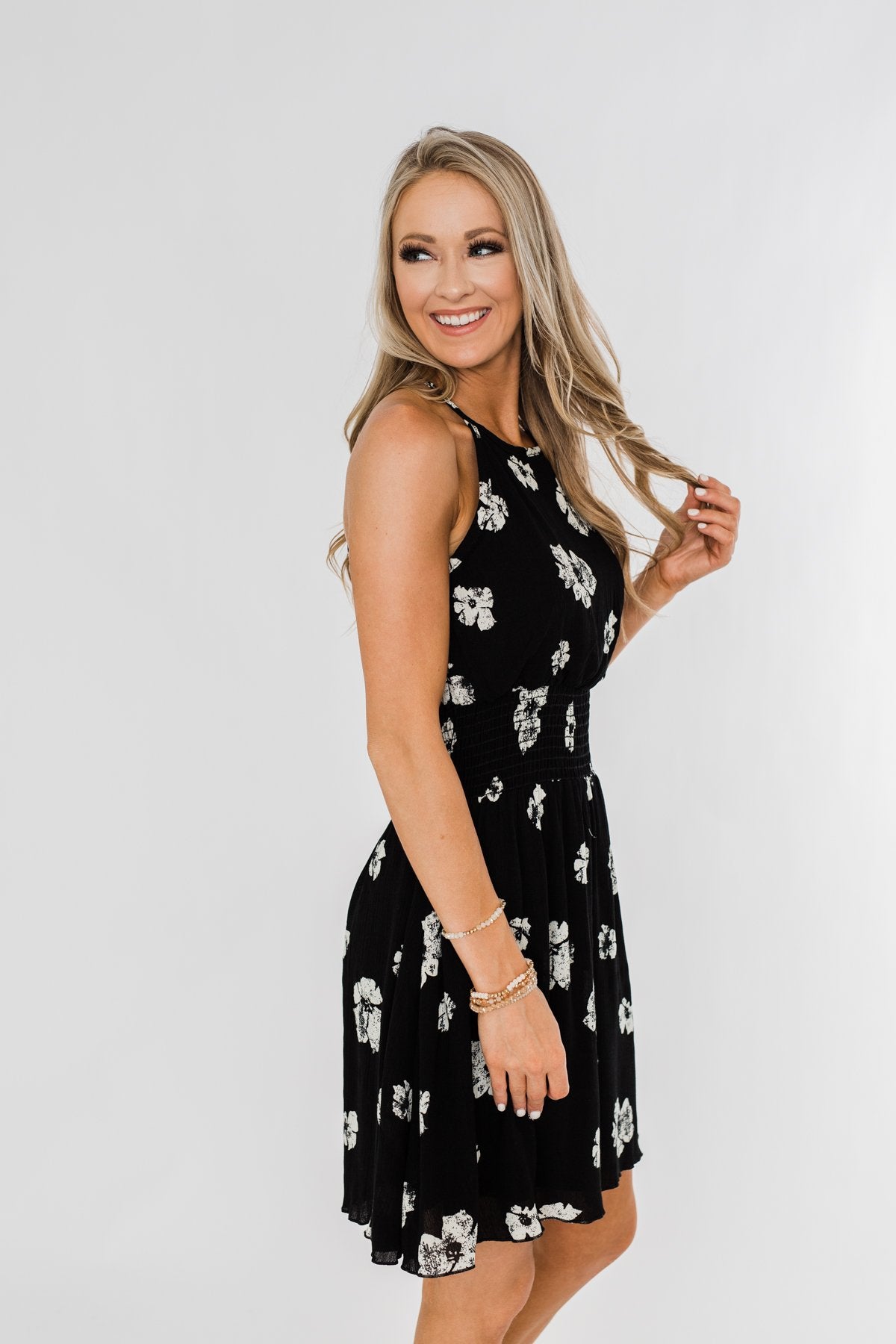 Somewhere On A Beach Floral Halter Dress- Black