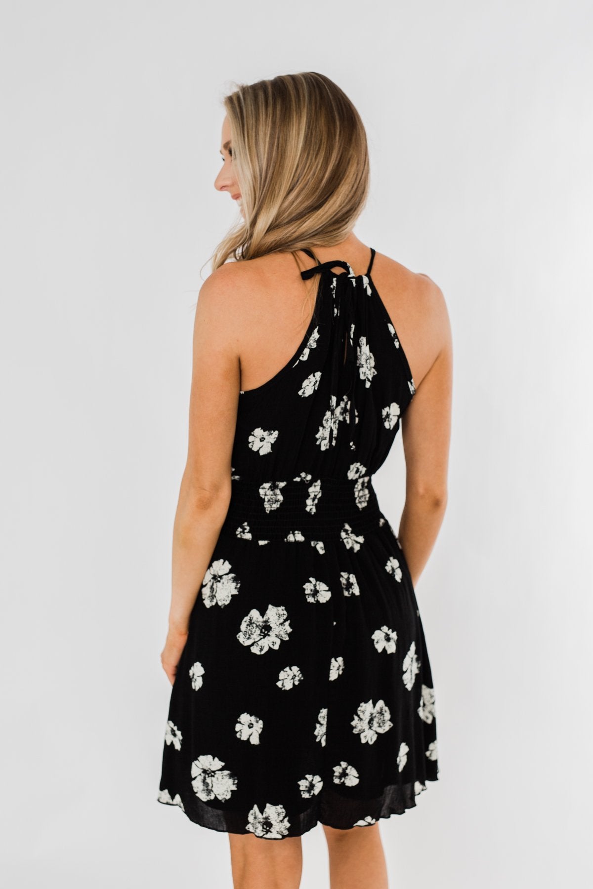 Somewhere On A Beach Floral Halter Dress- Black