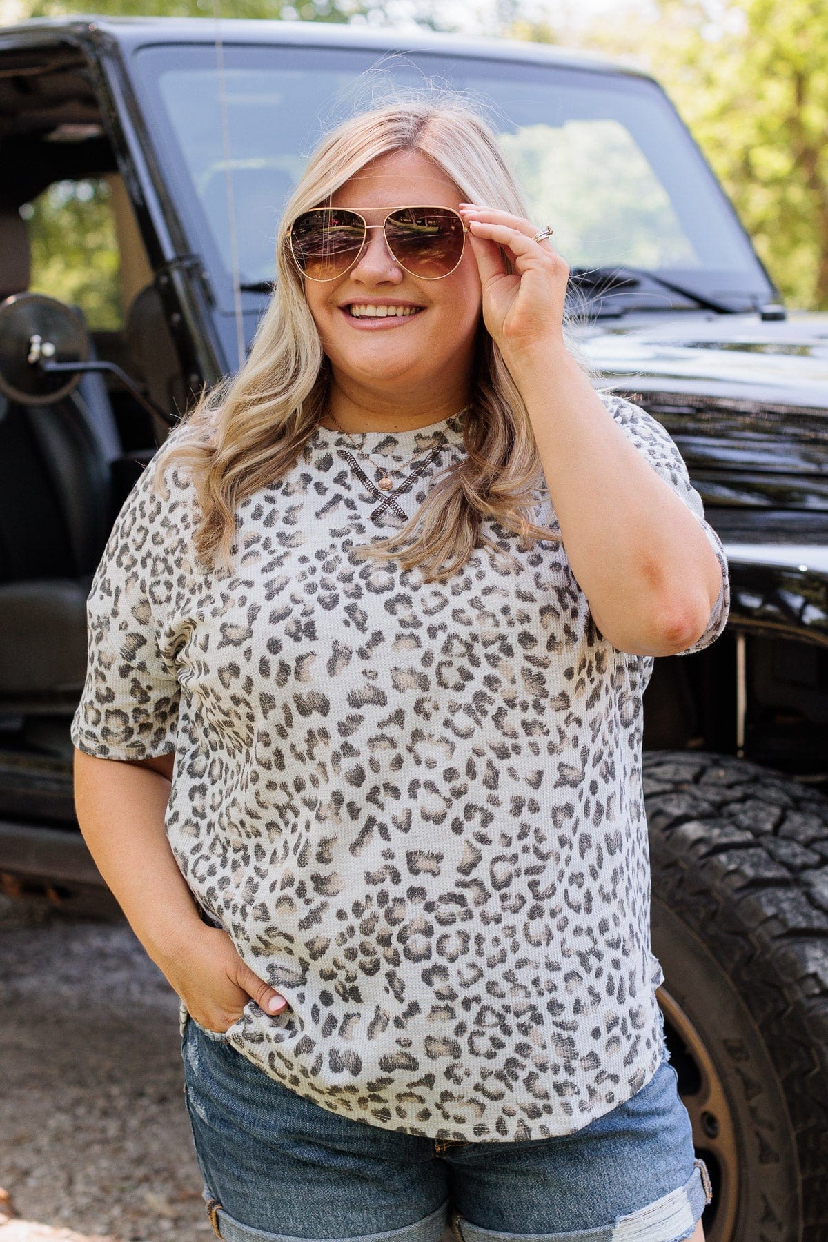 Kicked Back And Relaxed Waffle Knit Top- Off White Leopard