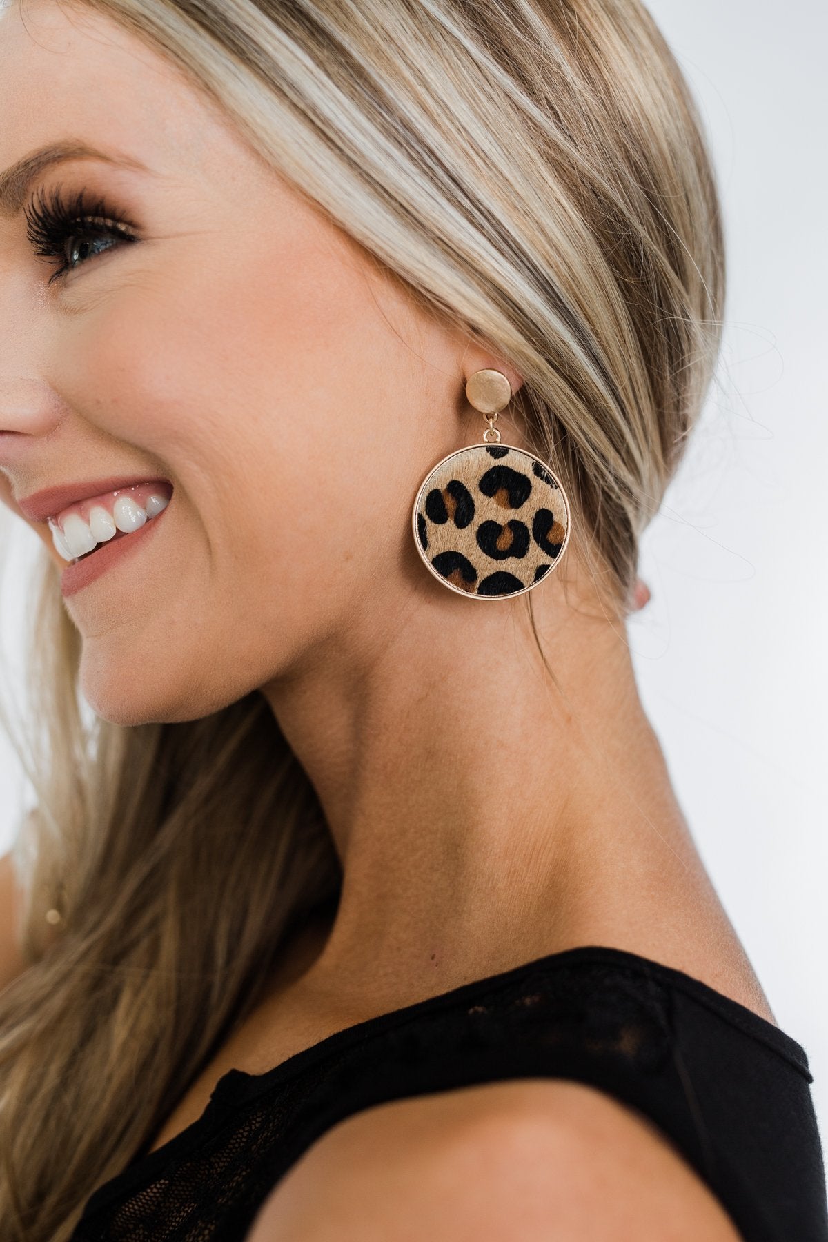 Flirty & Fierce Circle Pendant Brass Earrings- Leopard