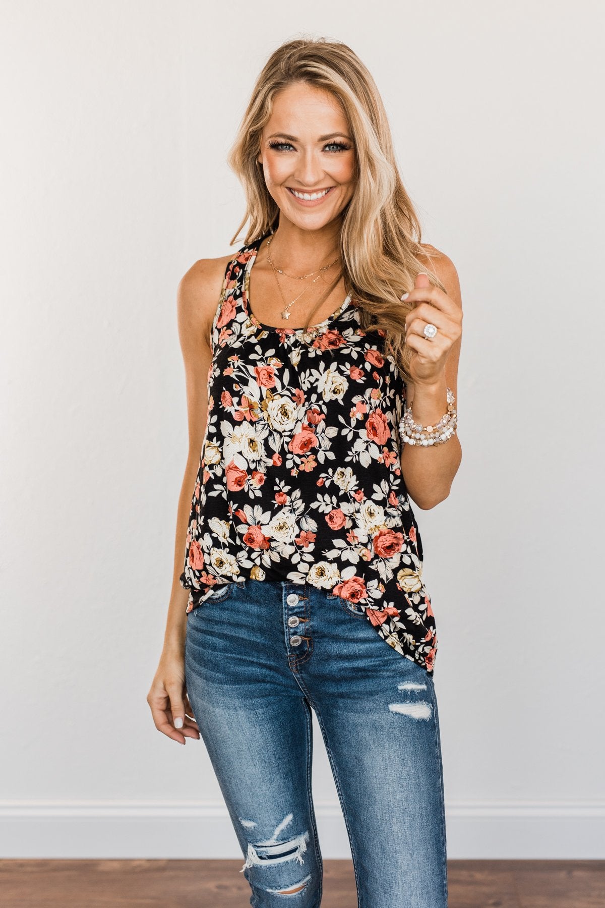 Next To You Floral Tank Top- Black
