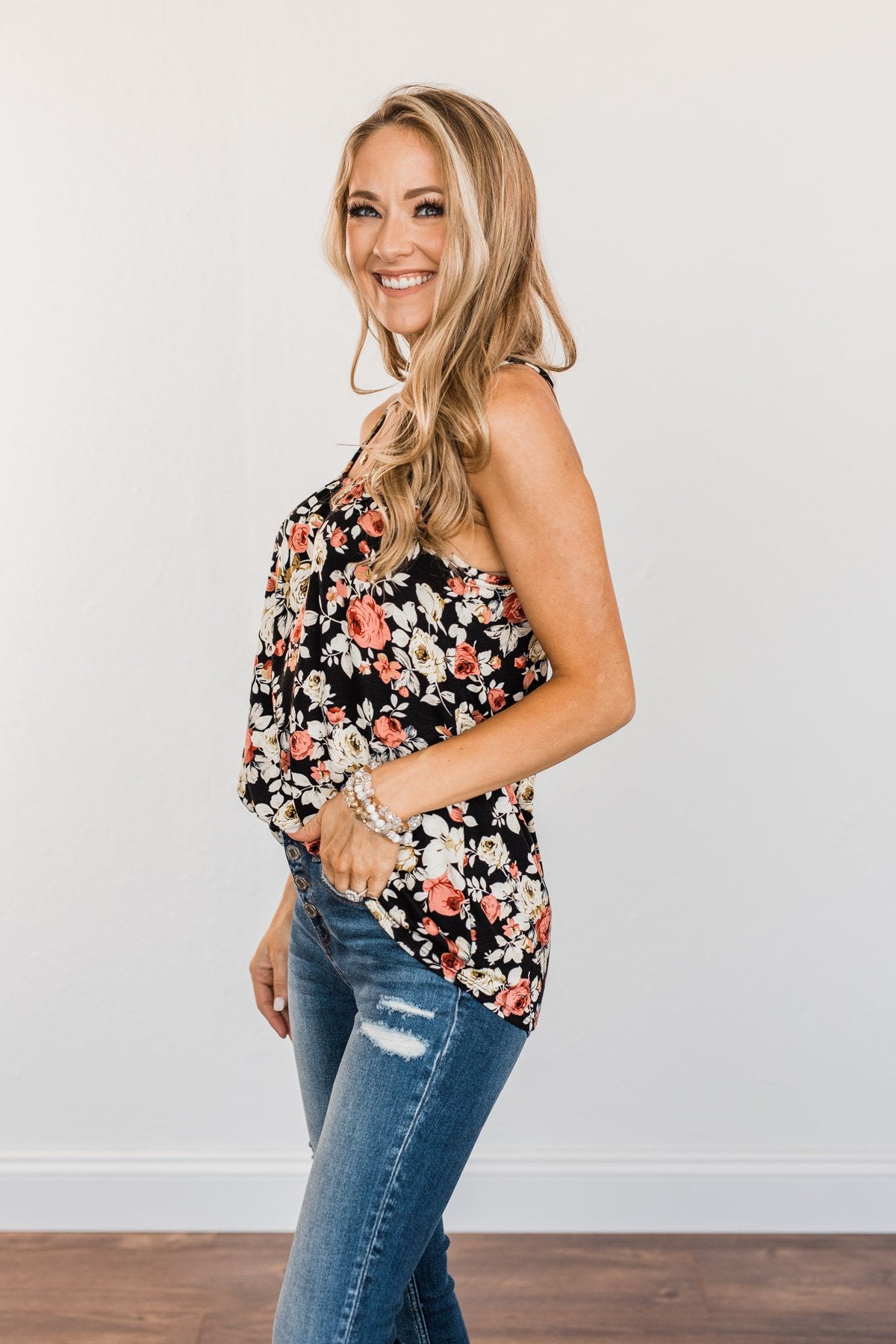 Next To You Floral Tank Top- Black