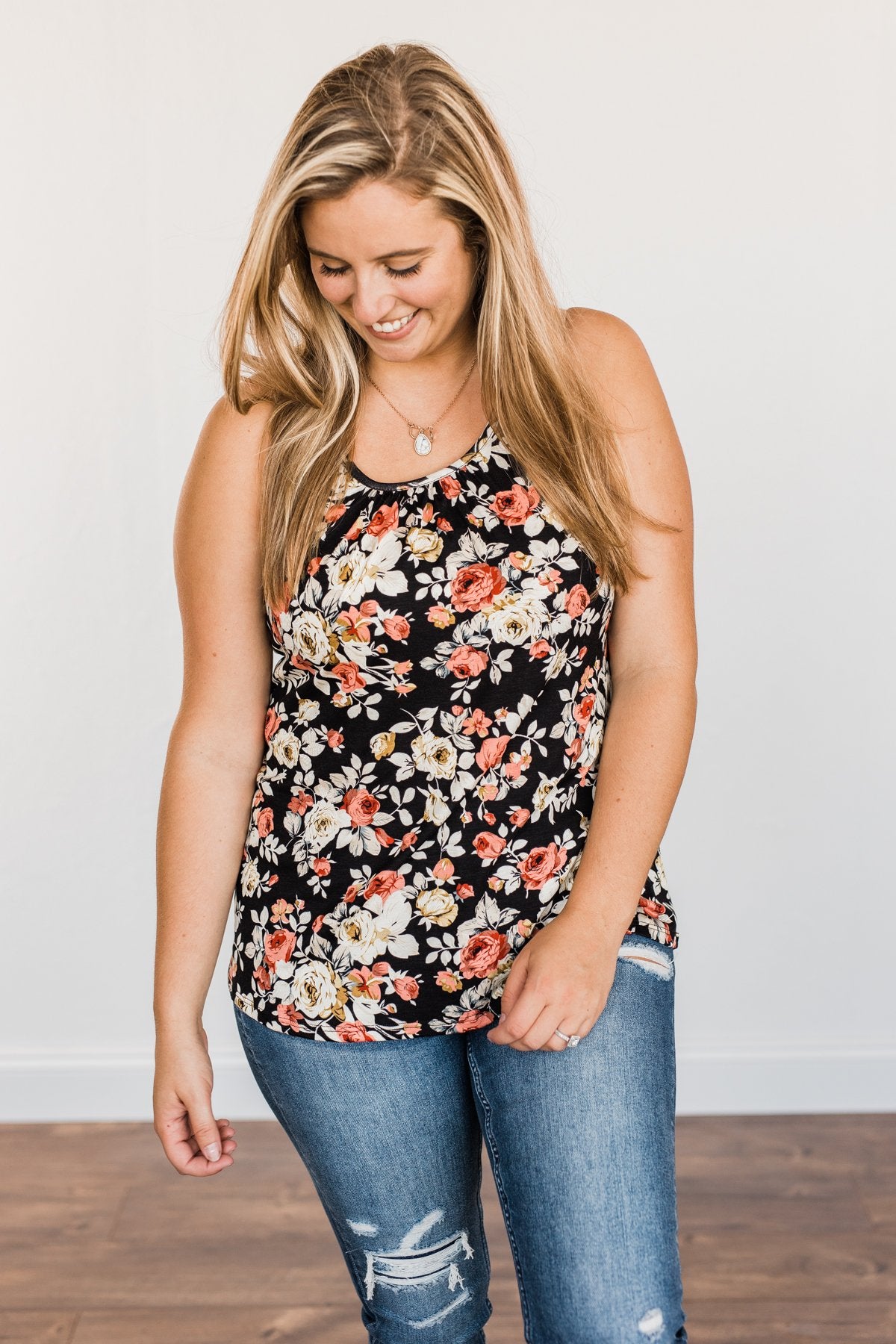Next To You Floral Tank Top- Black