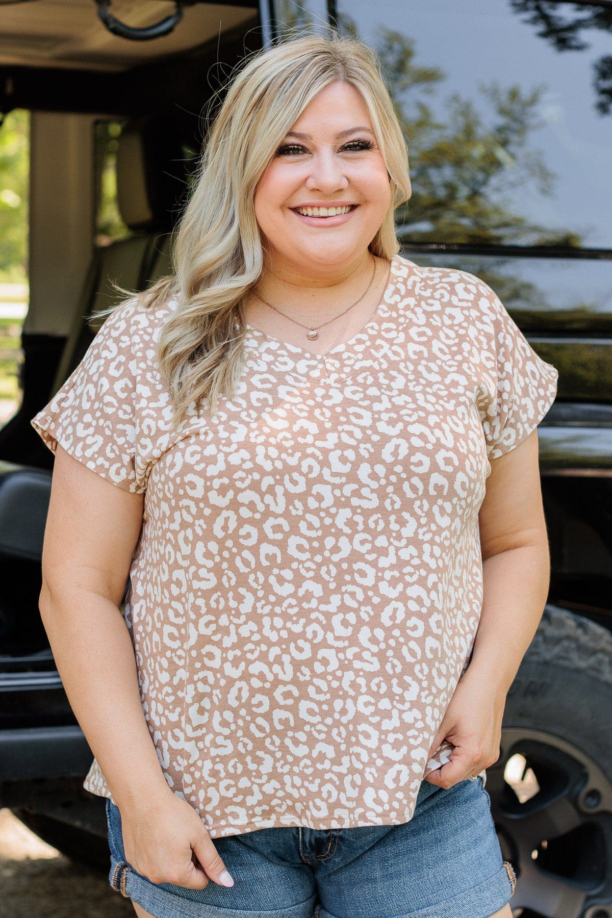 See My Wild Side V-Neck Leopard Top- Taupe
