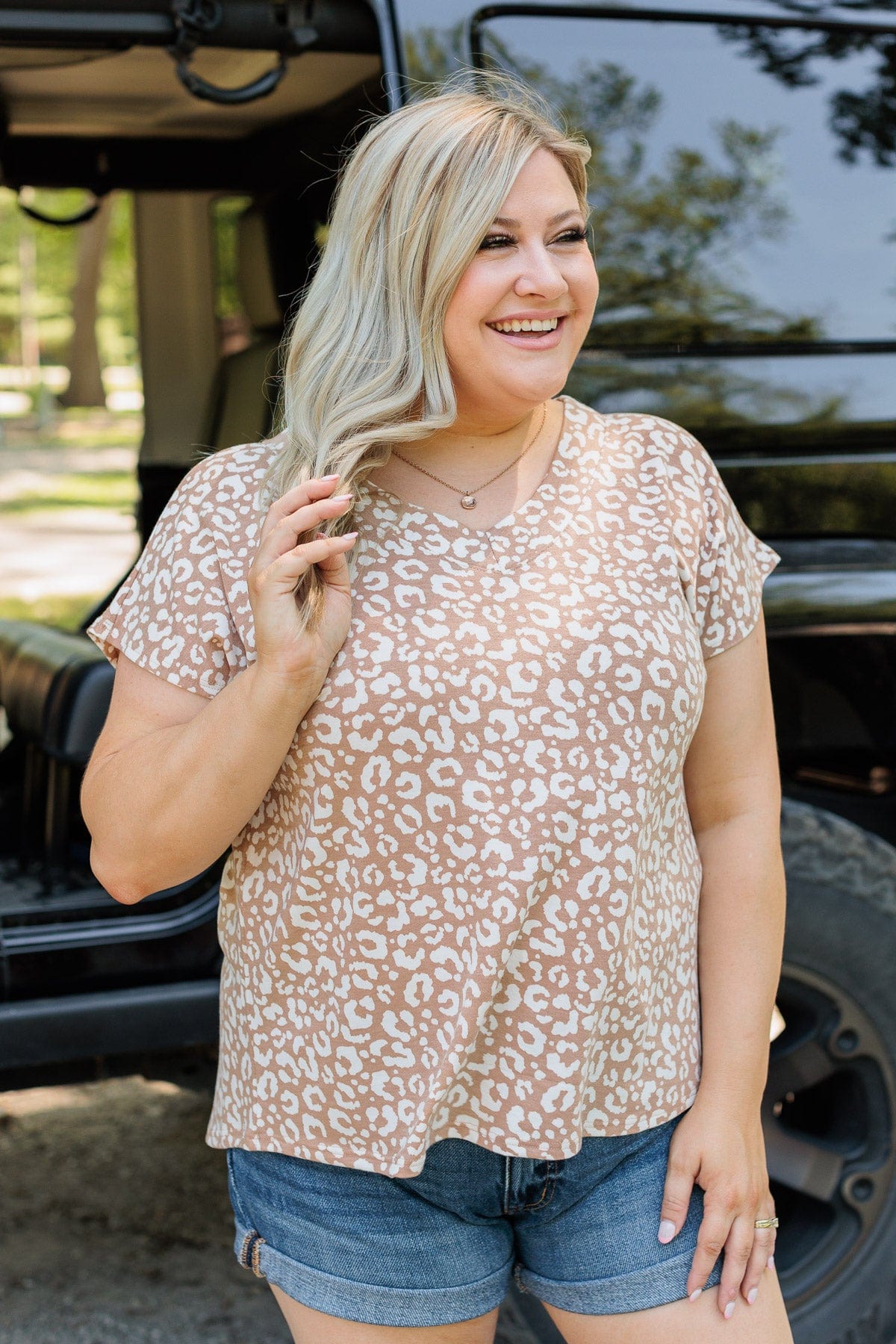See My Wild Side V-Neck Leopard Top- Taupe