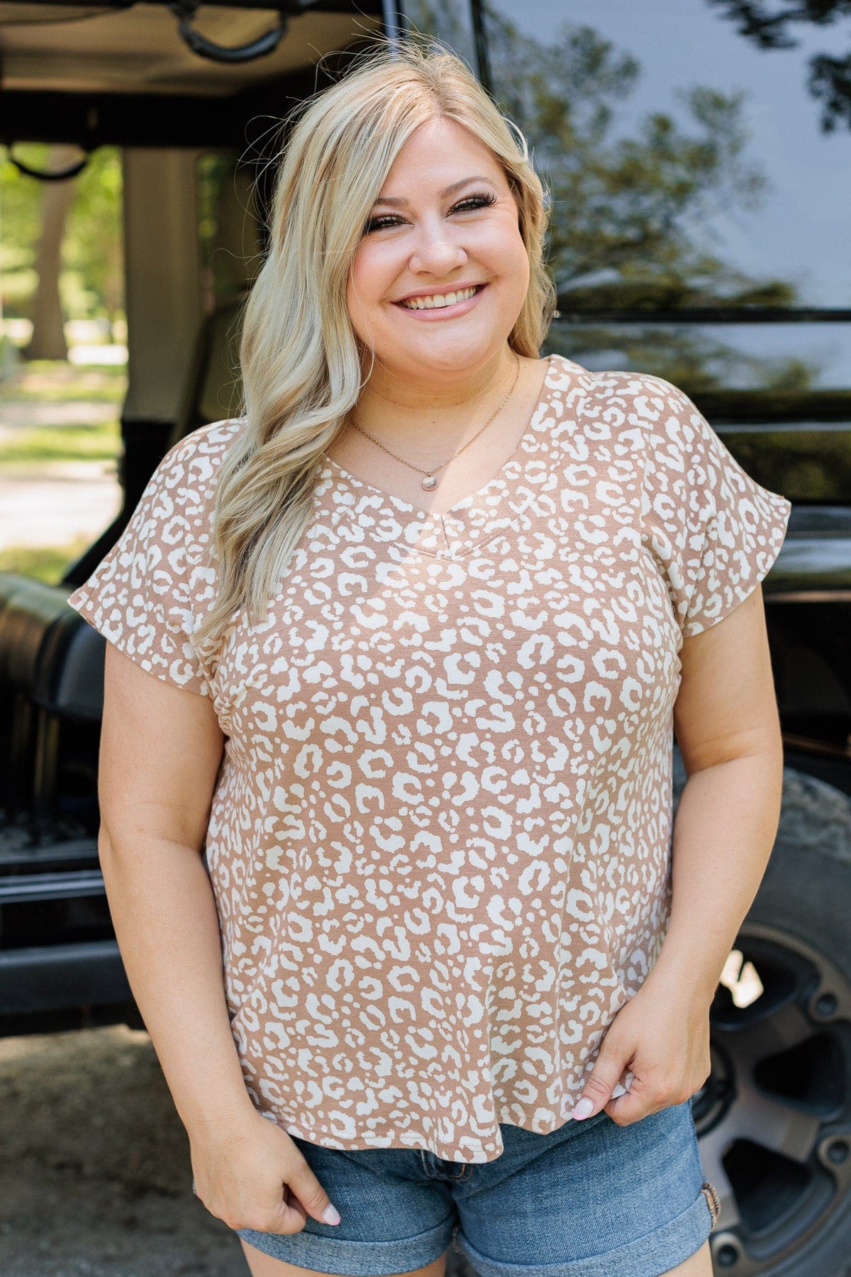 See My Wild Side V-Neck Leopard Top- Taupe