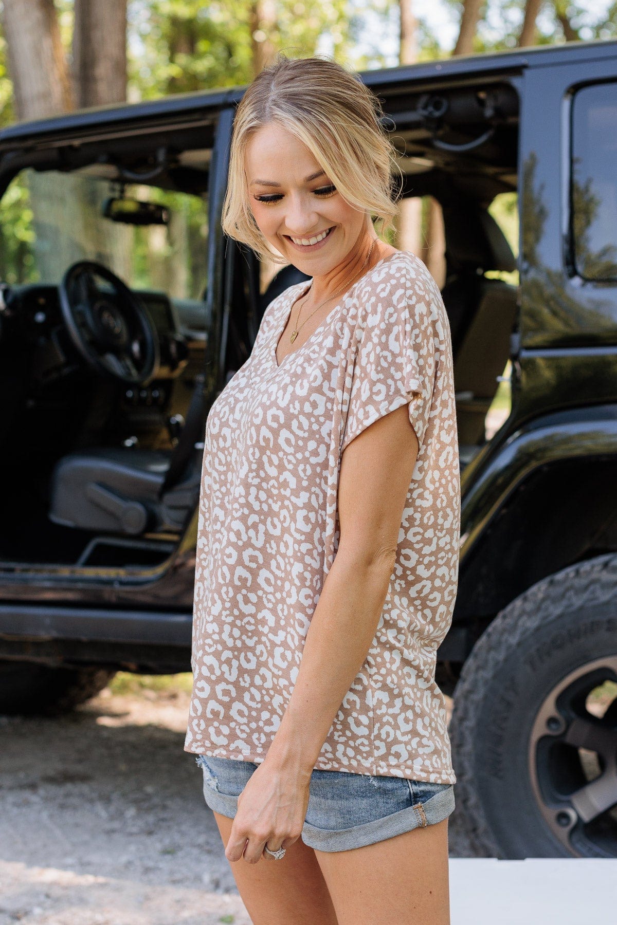 See My Wild Side V-Neck Leopard Top- Taupe