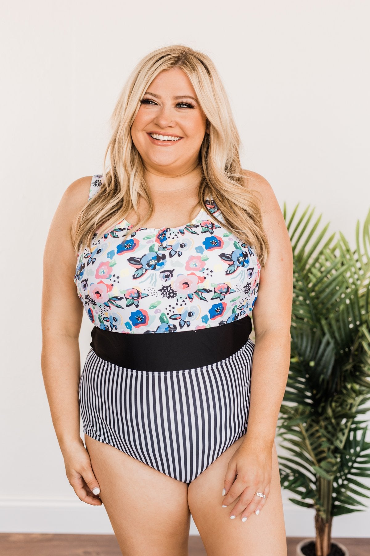 Poolside Paradise Floral & Stripes One-Piece Swimsuit- Black & White