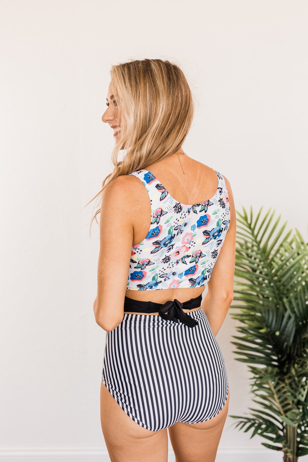 Poolside Paradise Floral & Stripes One-Piece Swimsuit- Black & White