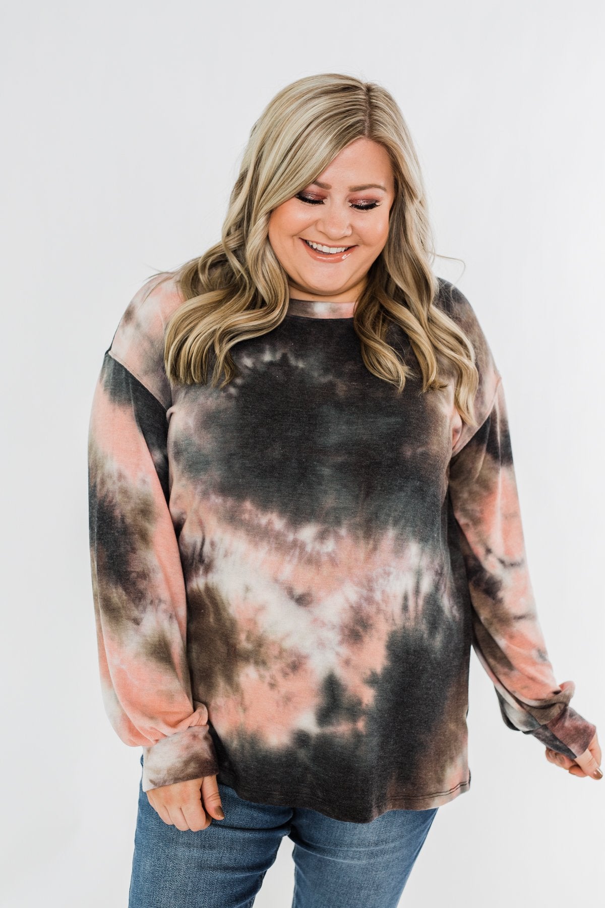 Love On My Mind Tie Dye Pullover Top- Charcoal & Coral