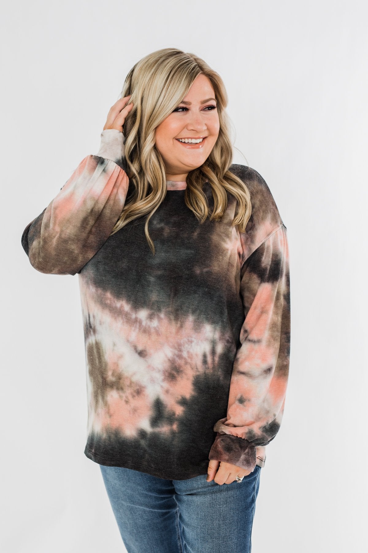 Love On My Mind Tie Dye Pullover Top- Charcoal & Coral