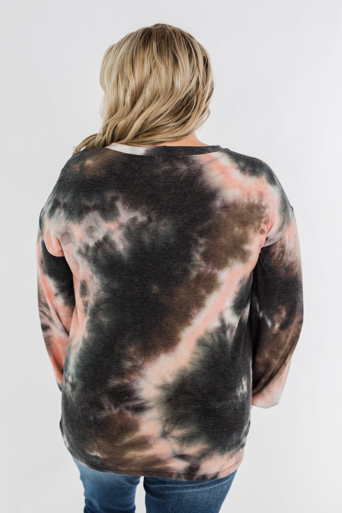 Love On My Mind Tie Dye Pullover Top- Charcoal & Coral