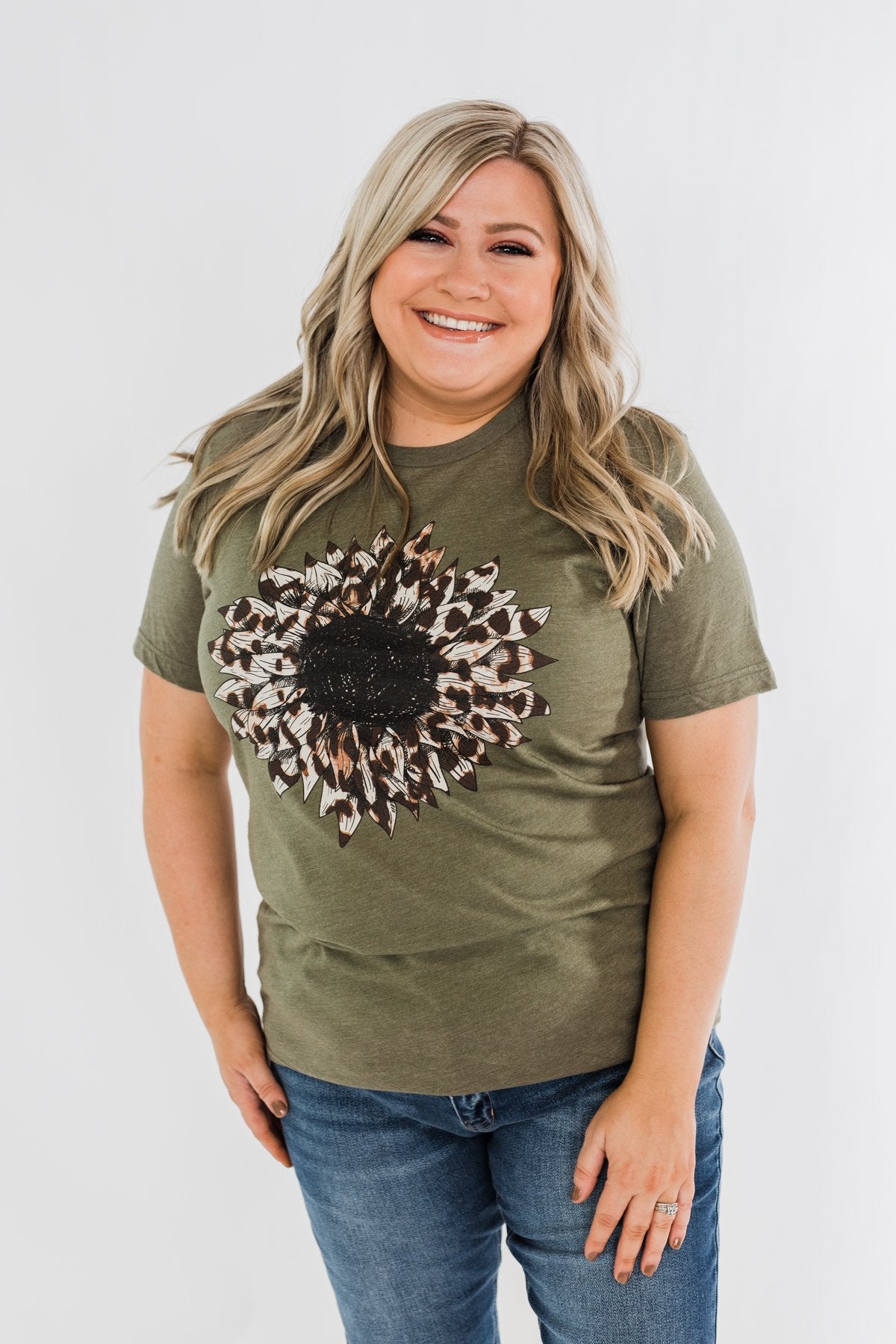Leopard Print Sunflower Graphic Tee- Olive