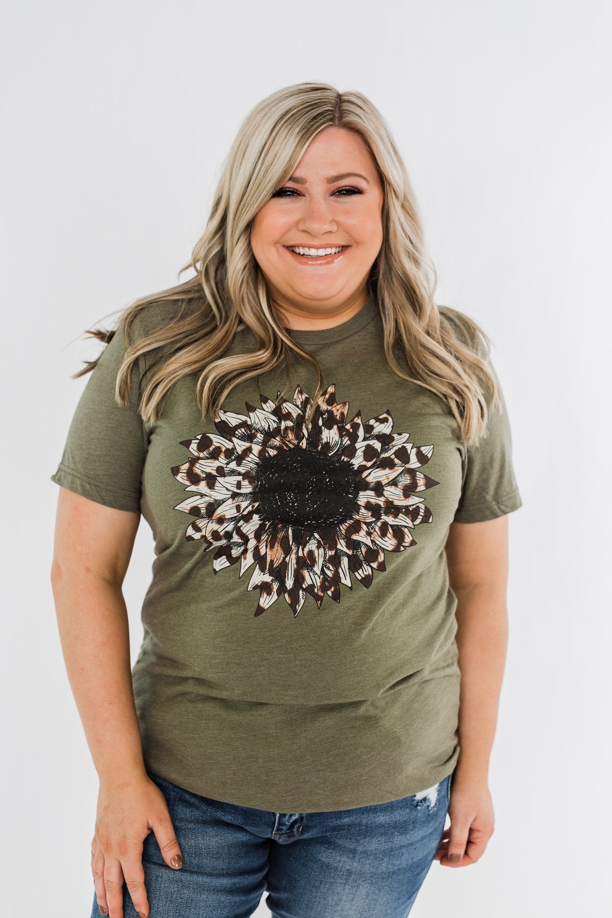 Leopard Print Sunflower Graphic Tee- Olive