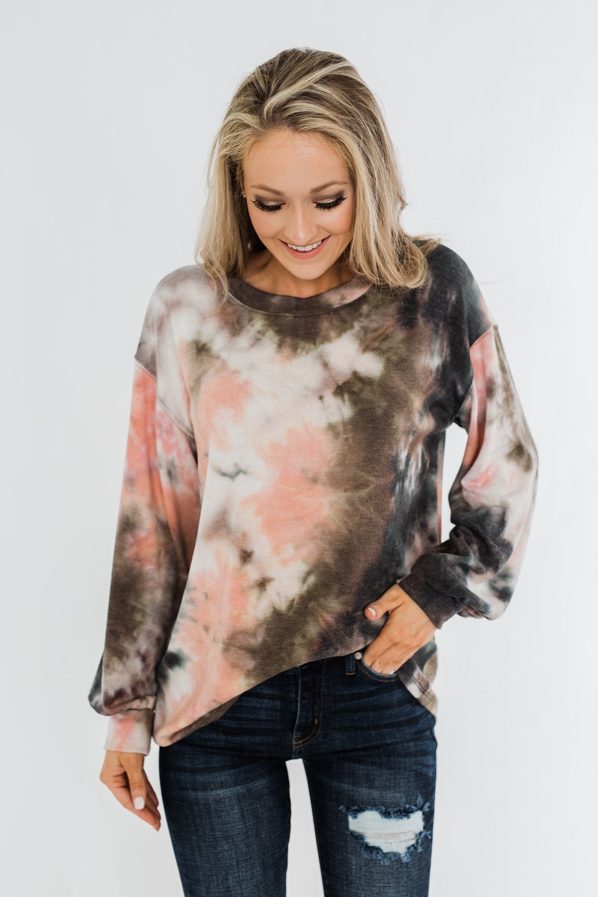 Love On My Mind Tie Dye Pullover Top- Charcoal & Coral
