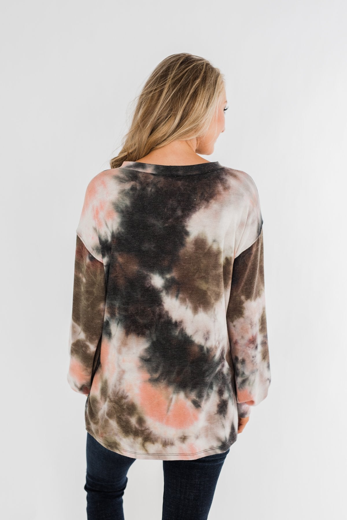 Love On My Mind Tie Dye Pullover Top- Charcoal & Coral