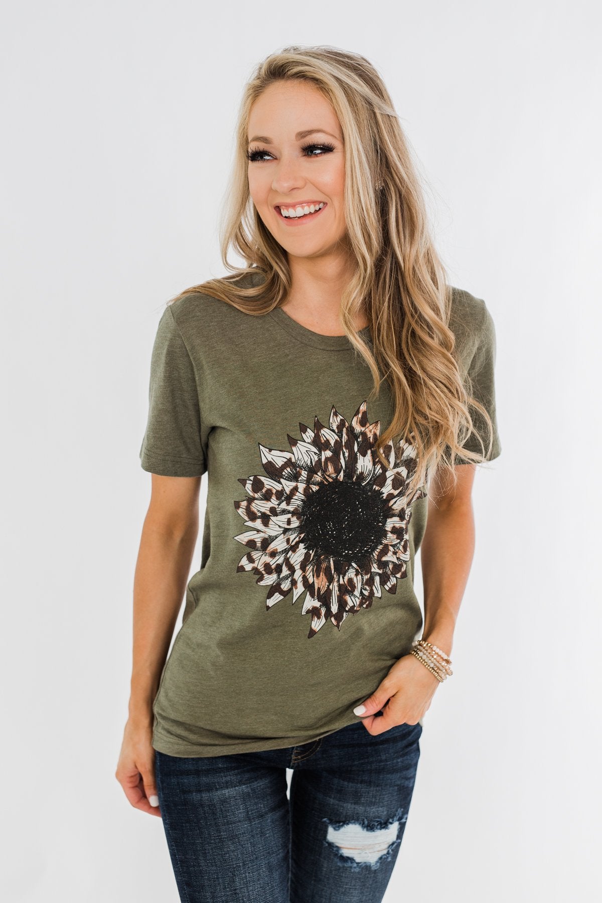 Leopard Print Sunflower Graphic Tee- Olive