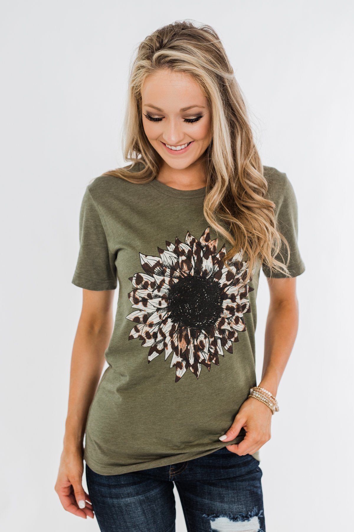 Leopard Print Sunflower Graphic Tee- Olive