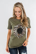 Leopard Print Sunflower Graphic Tee- Olive