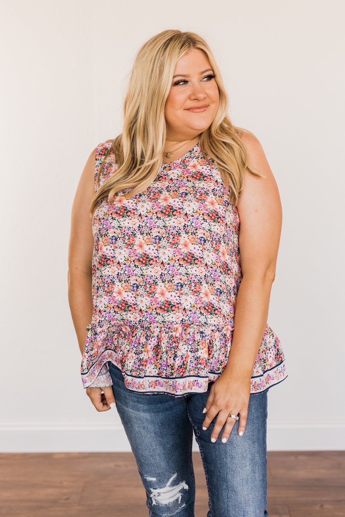 Budding Beauty Floral Ruffle Tank Top- Coral Multi-Color