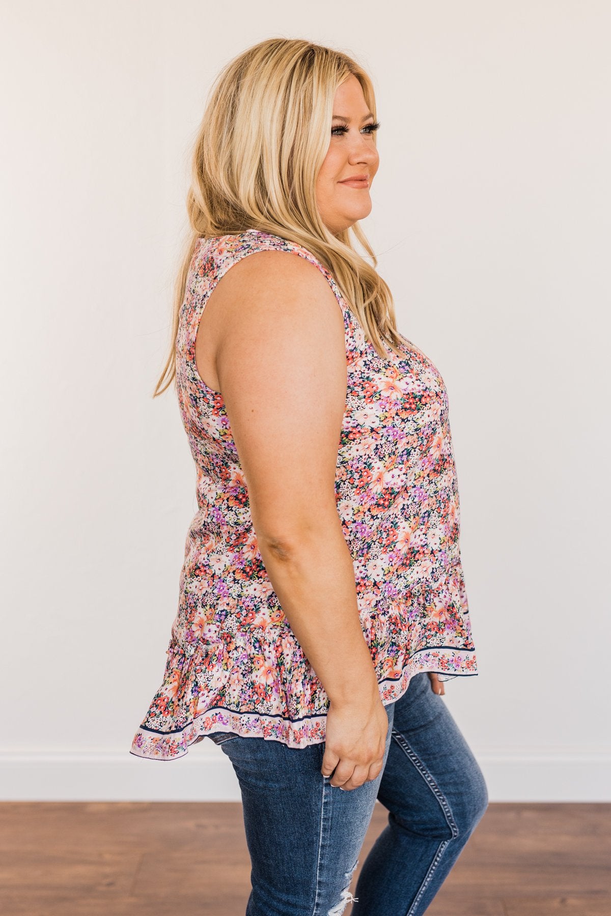Budding Beauty Floral Ruffle Tank Top- Coral Multi-Color