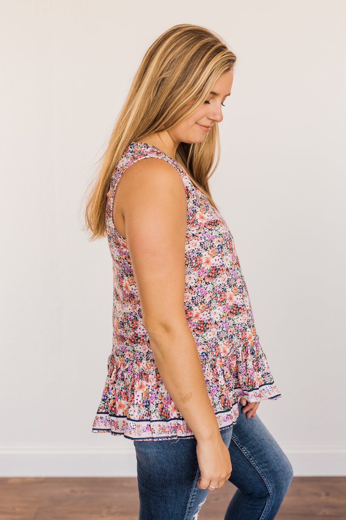 Budding Beauty Floral Ruffle Tank Top- Coral Multi-Color