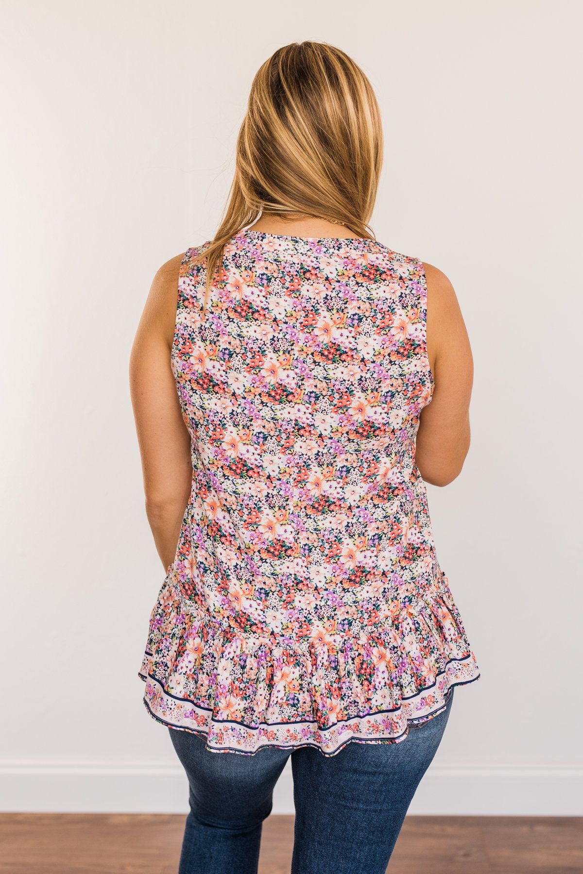 Budding Beauty Floral Ruffle Tank Top- Coral Multi-Color
