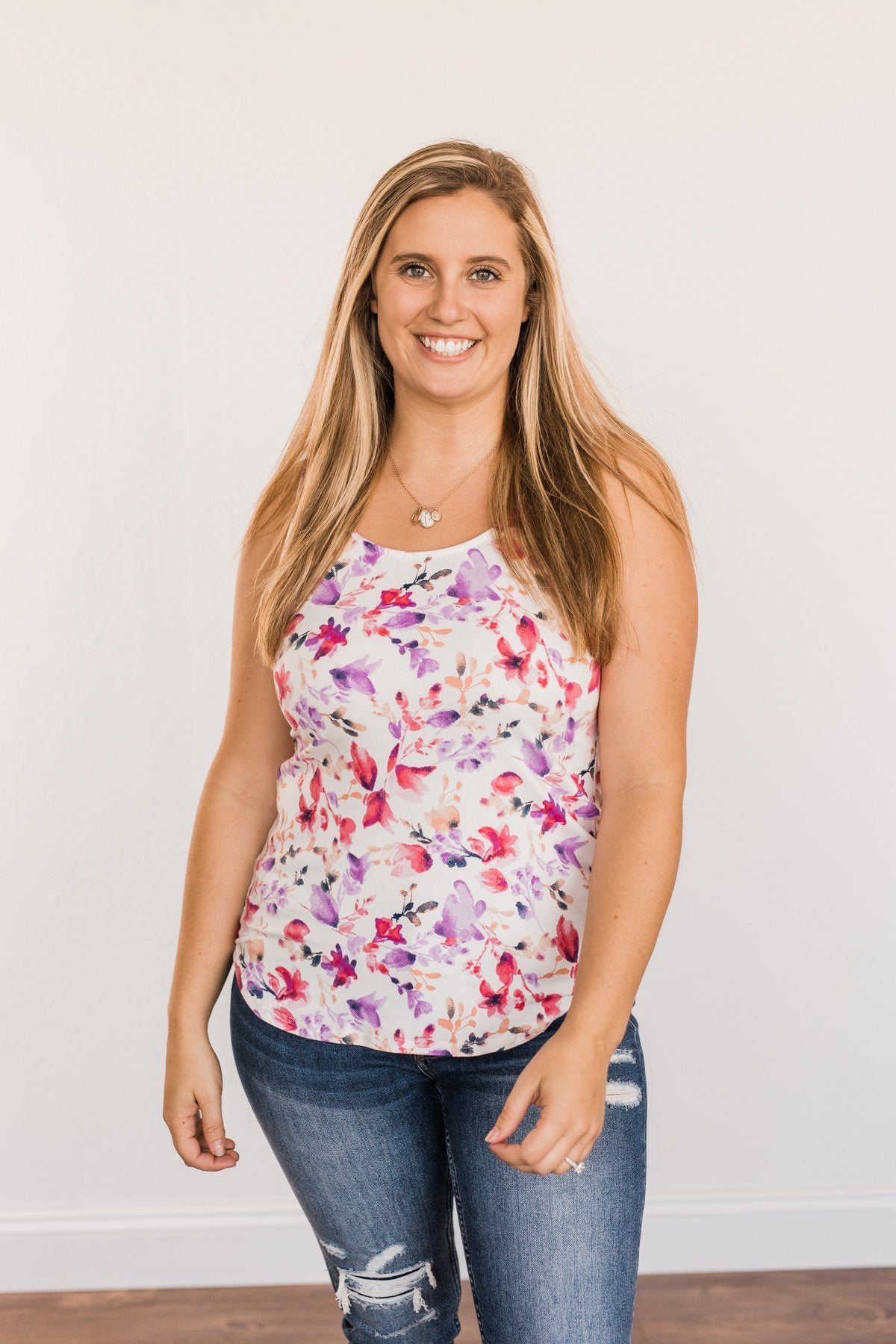 Sunshine & Good Vibes Floral Tank Top- Ivory, Pink, & Purple