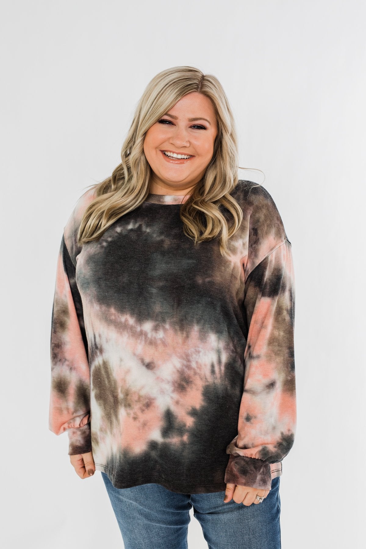 Love On My Mind Tie Dye Pullover Top- Charcoal & Coral