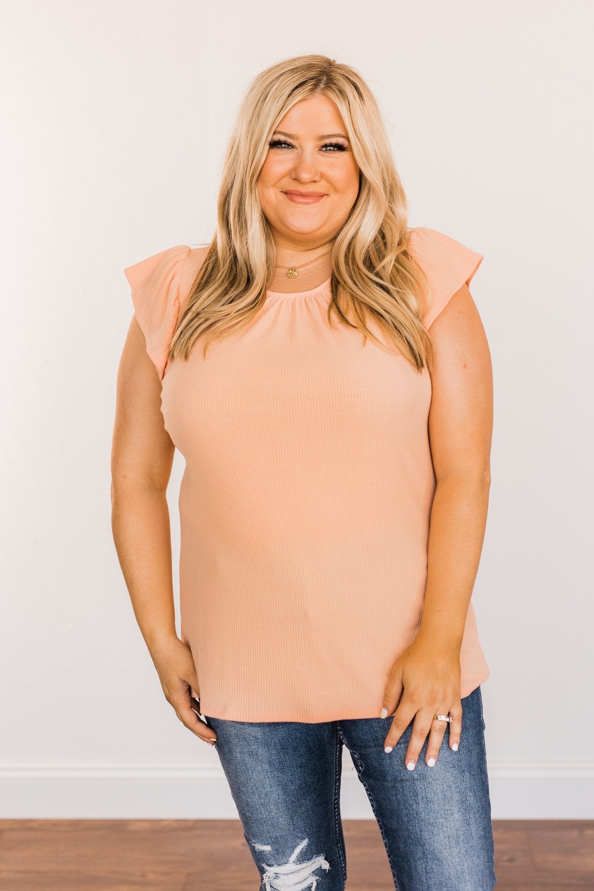 Friendly Faces Ribbed Knit Top- Peach