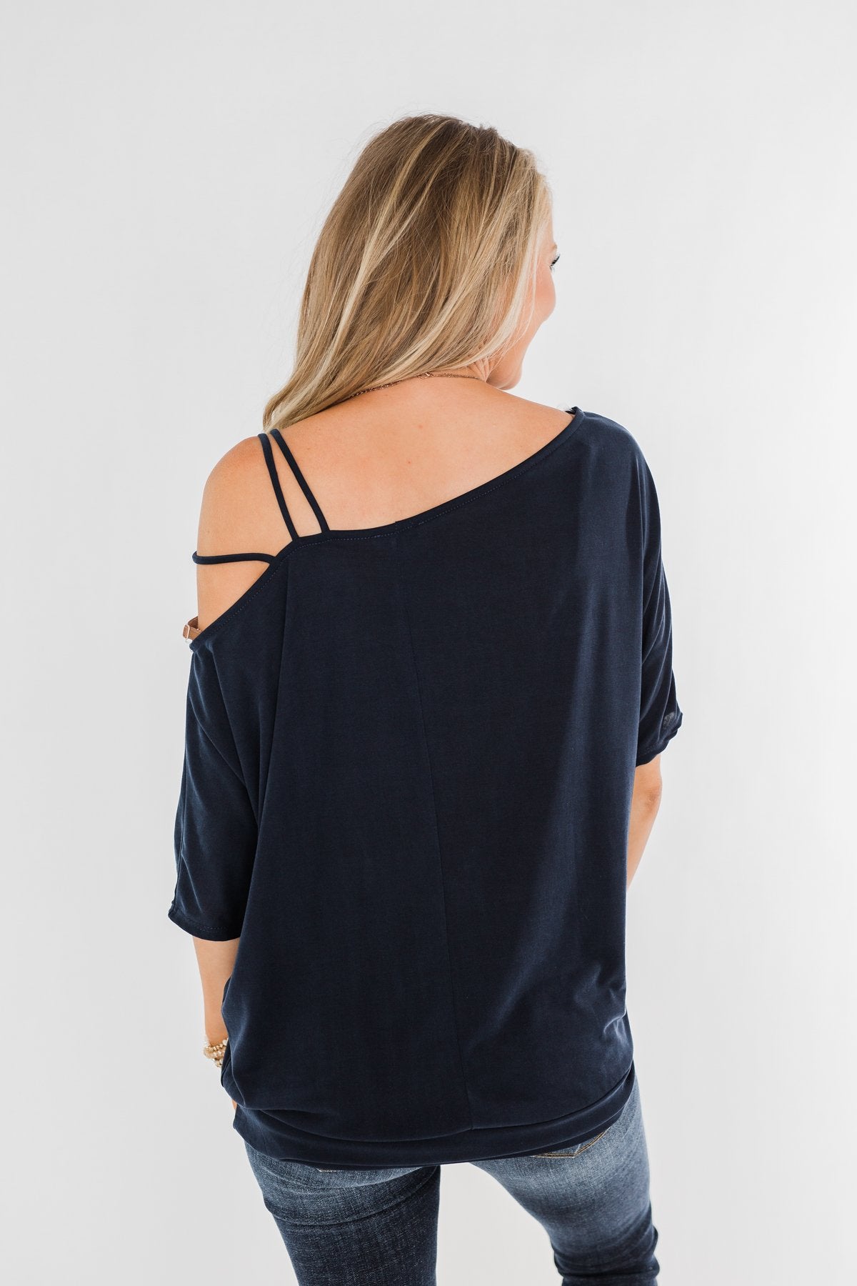 Beautifully You Cold Shoulder Top- Navy