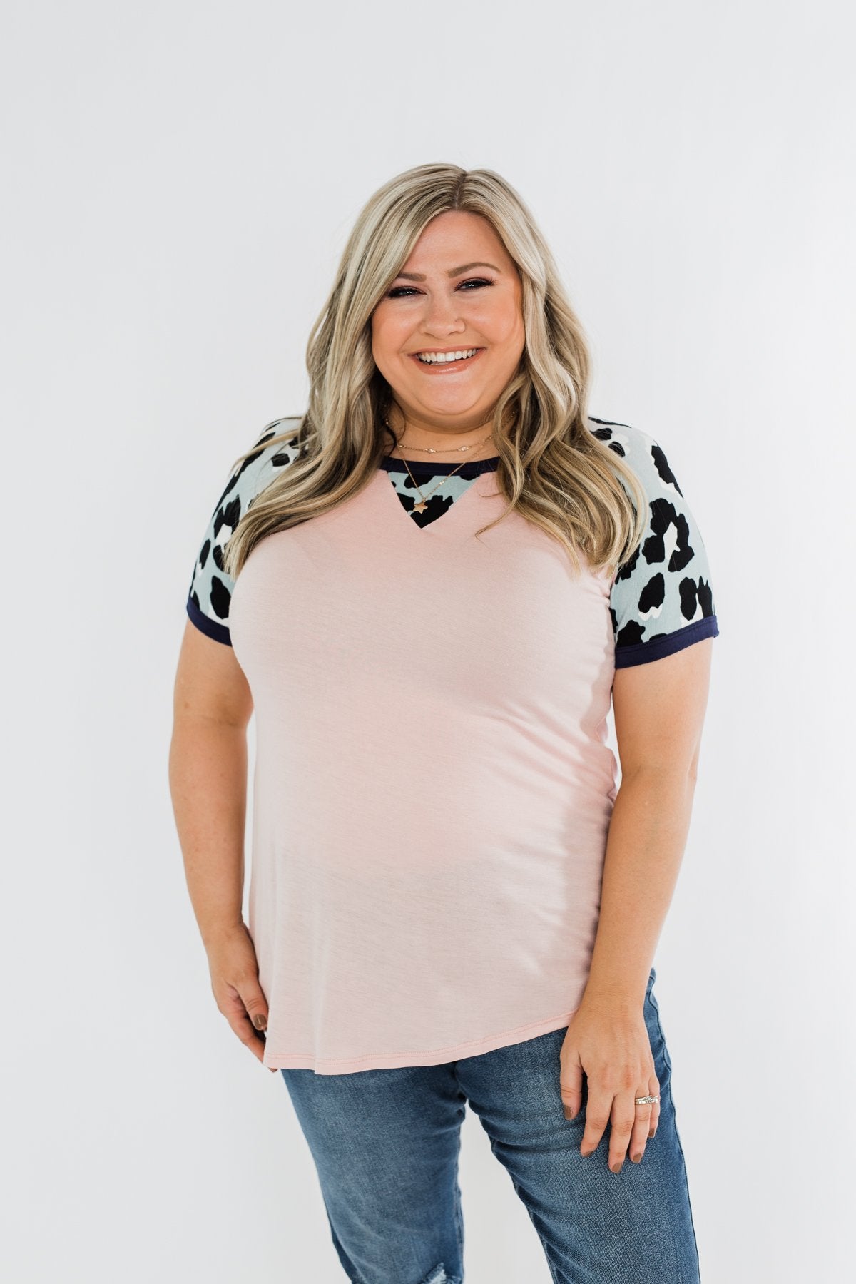 Just Like That Leopard Raglan Top- Light Pink & Navy