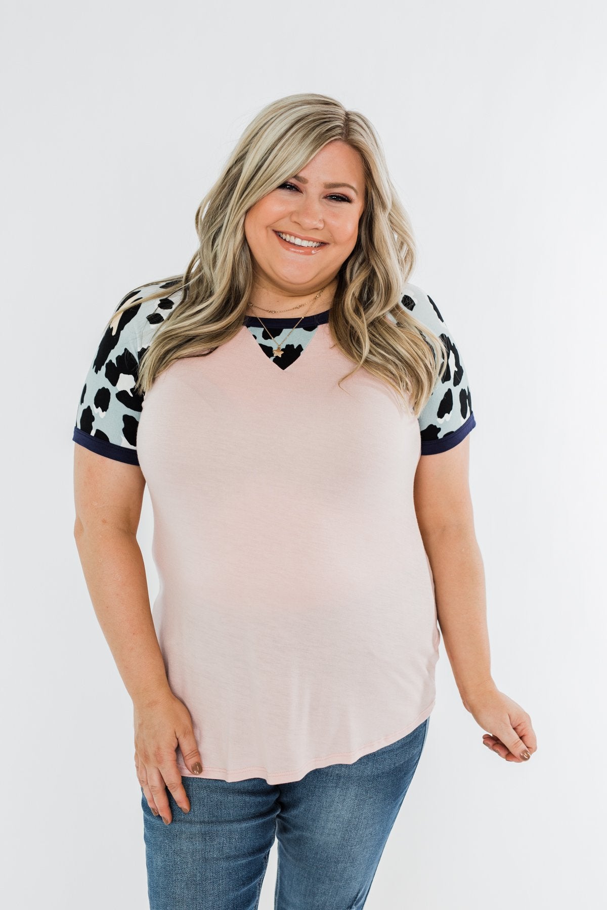 Just Like That Leopard Raglan Top- Light Pink & Navy