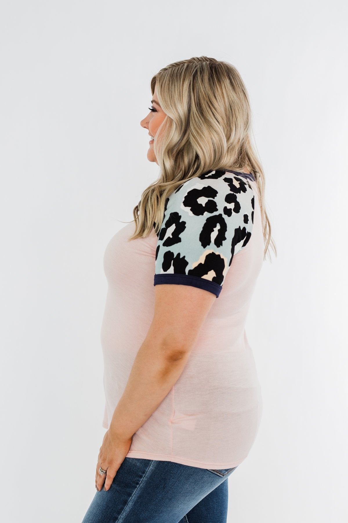 Just Like That Leopard Raglan Top- Light Pink & Navy