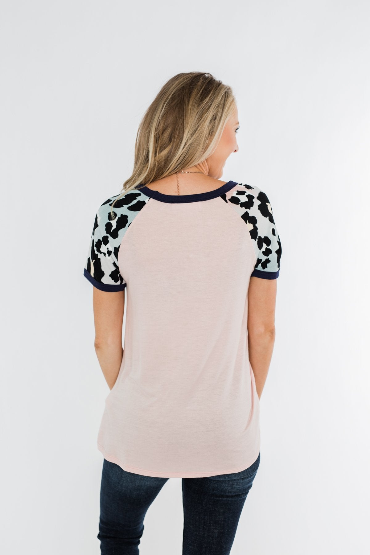 Just Like That Leopard Raglan Top- Light Pink & Navy