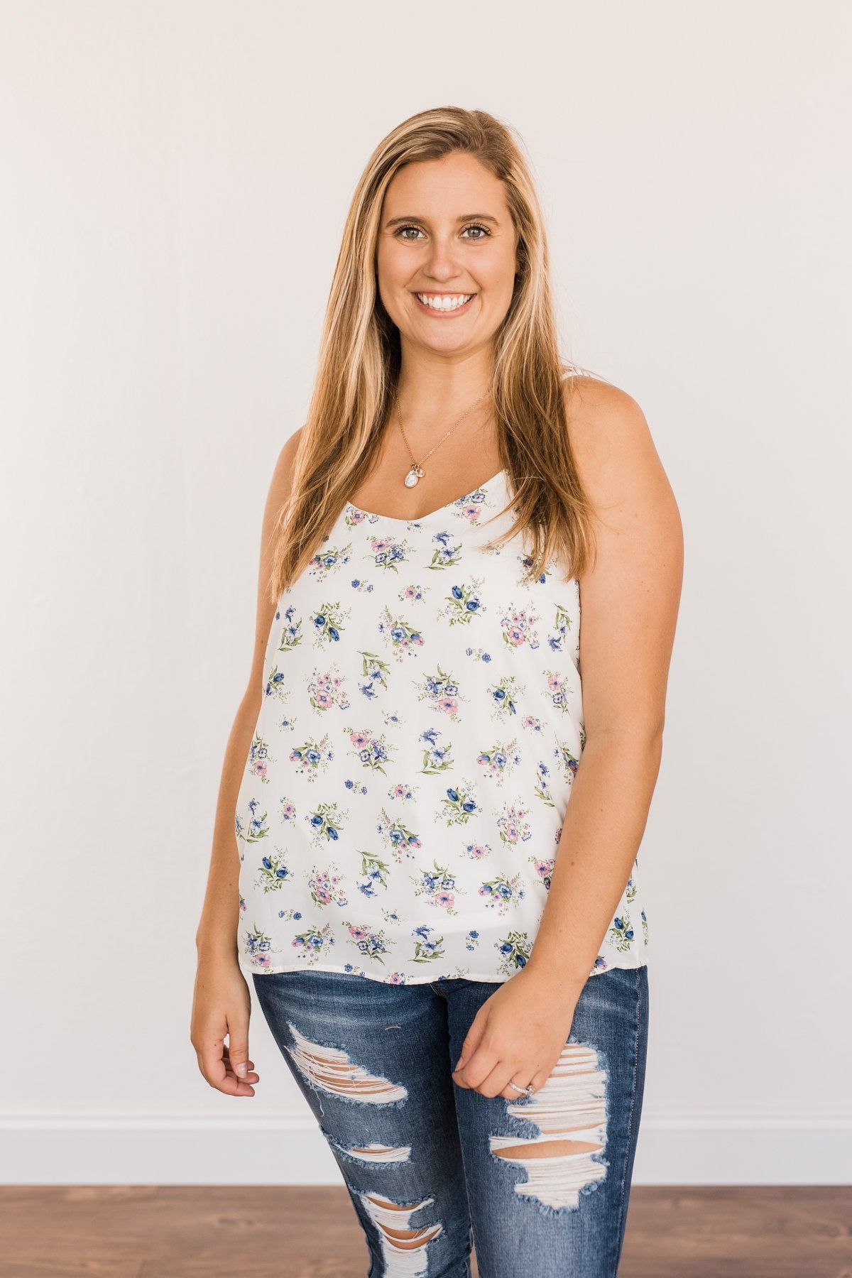 Swinging Into Summer Floral Tank Top- Ivory, Pink & Blue