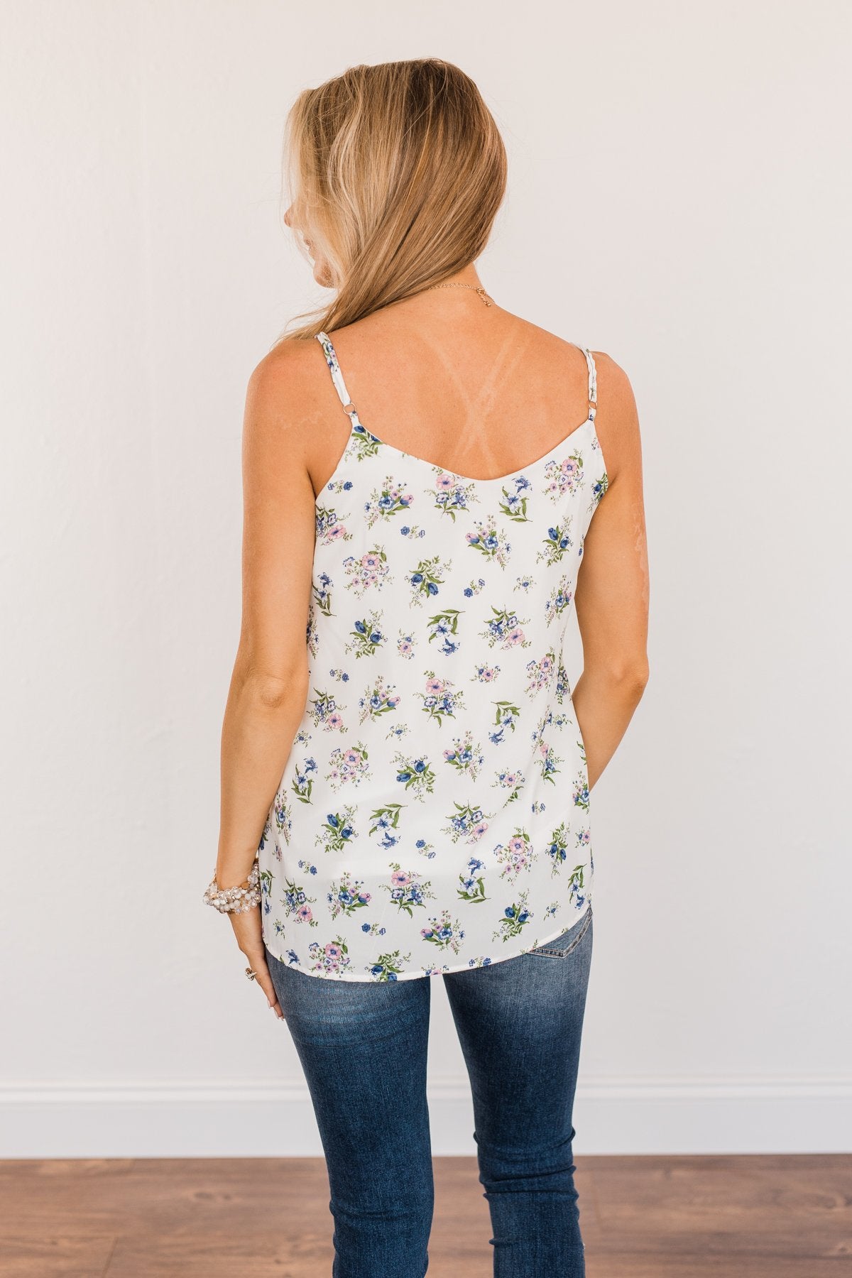 Swinging Into Summer Floral Tank Top- Ivory, Pink & Blue