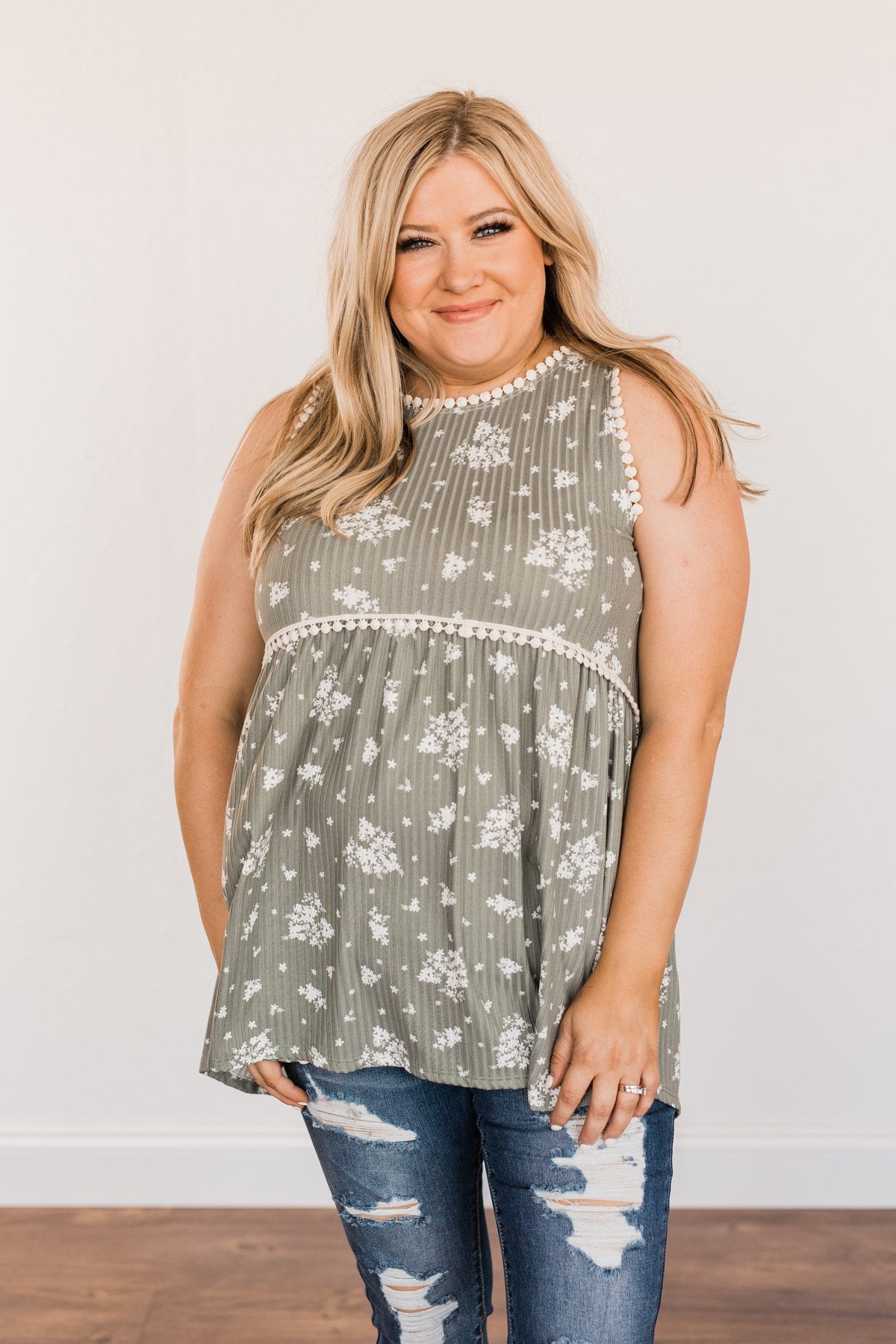 Cheerful Smiles Ribbed Knit Tank Top- Dusty Sage